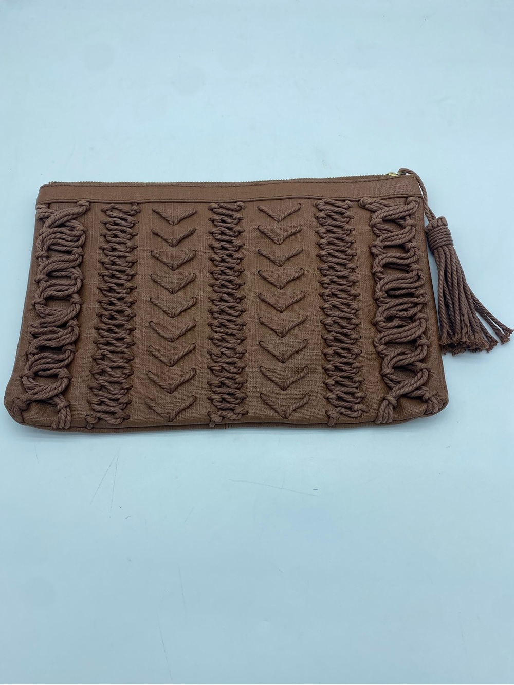 Steve Madden Tan Woven Tassel Zip-Top Clutch